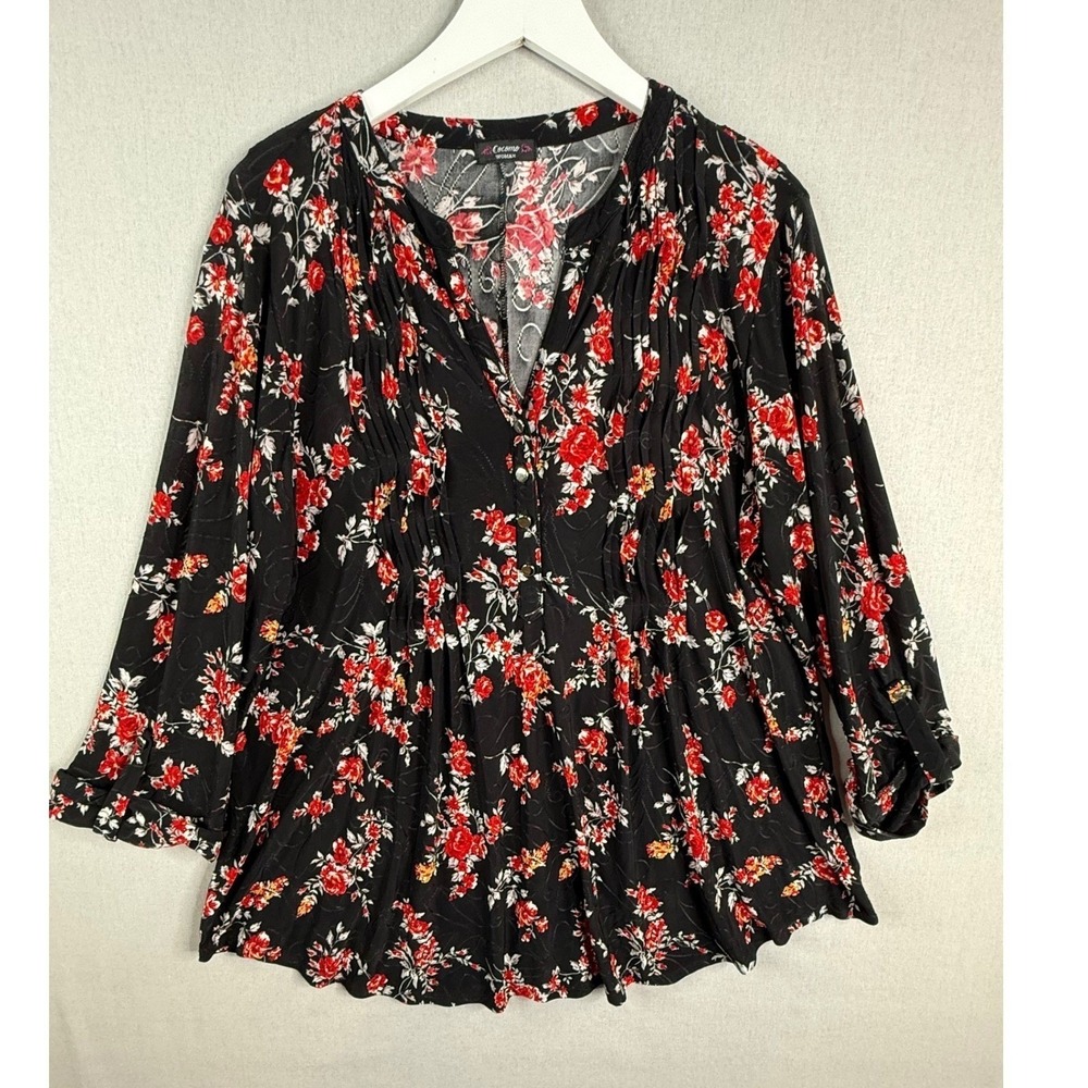 Cocomo Floral Blouse Womens 2X Black Red Pintuck Roll Tab Sleeve Top